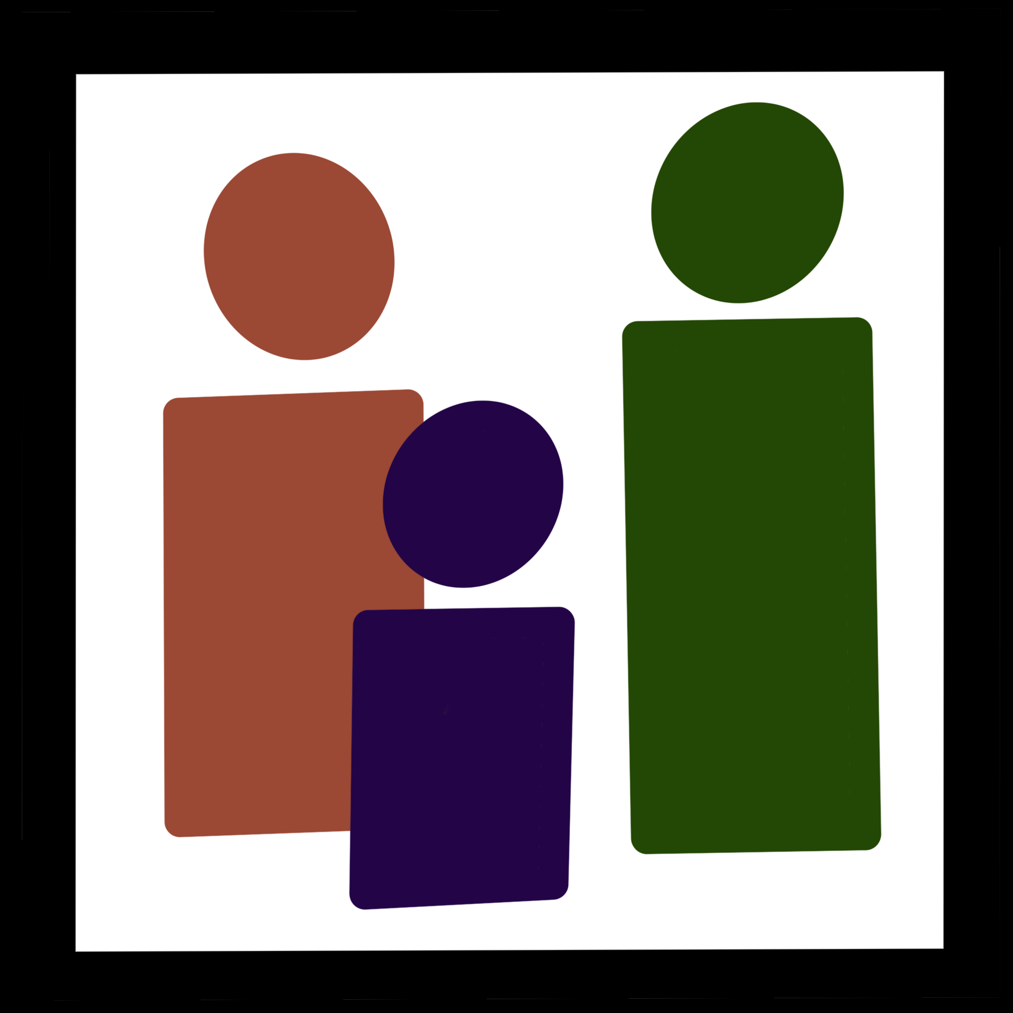 a black square with three people drawn in it The person on the far left is tan next to and in front of the tan one is a dark blue person and the one on the far right is dark green